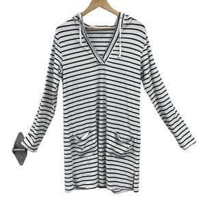 Coolibar Blue White Stripe UPF 50 Plus Hood Long Sleeve Beach cover up Tunic Med